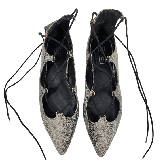 TOPSHOP Womens Kingdom Ghillie Gladiator Flats 8 Pointed Snakeskin Faux Leather - Picture 10 of 13